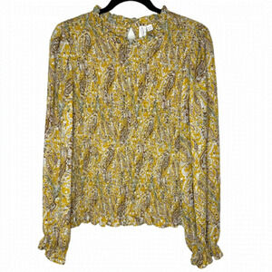 ANTHROPOLOGIE Joie Yellow Paisley Smocked Long Sleeve Blouse